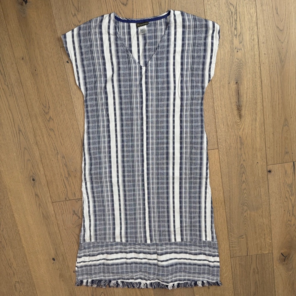 Tommy Bahama Women's Blue Striped V Neck Cap Sleeve Midi Dress Slits Size Medium